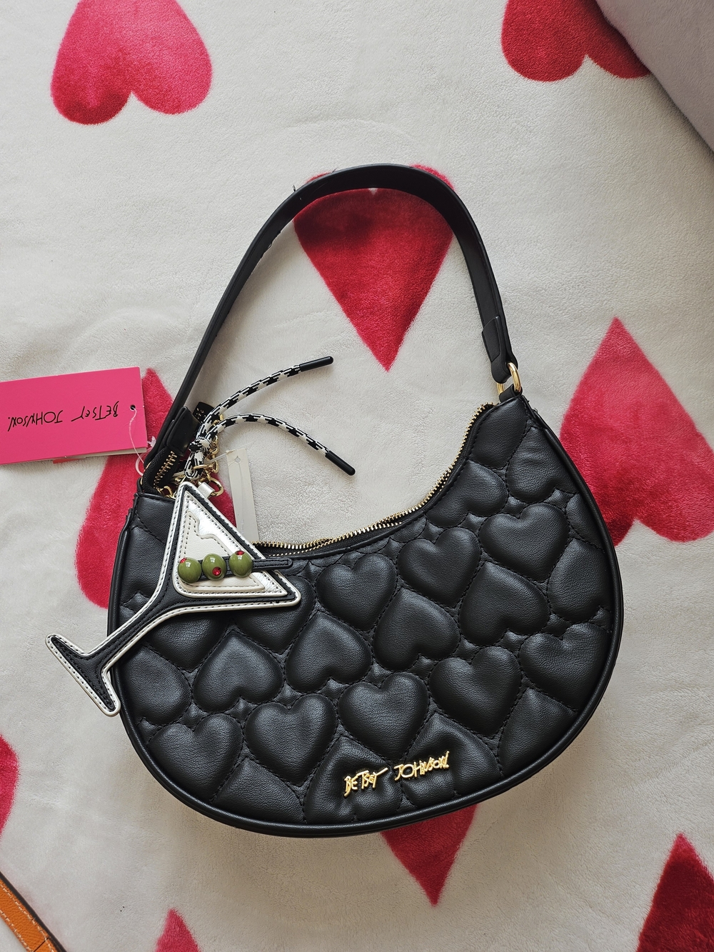 Betsey Johnson Black Quilted Heart Hobo Bag with Martini Charm - Picture 2 of 3